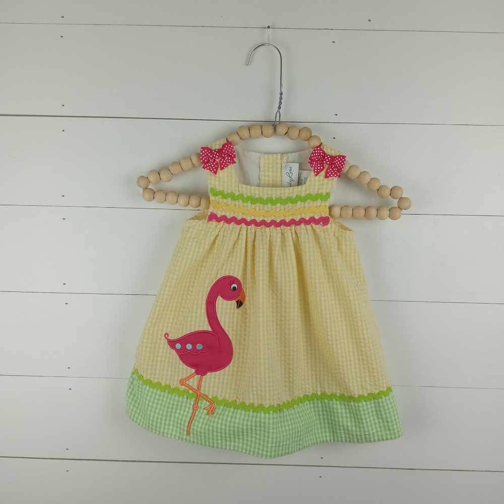 Emily Rose girls size 12 mos bright striped ric rac flamingo patch dress